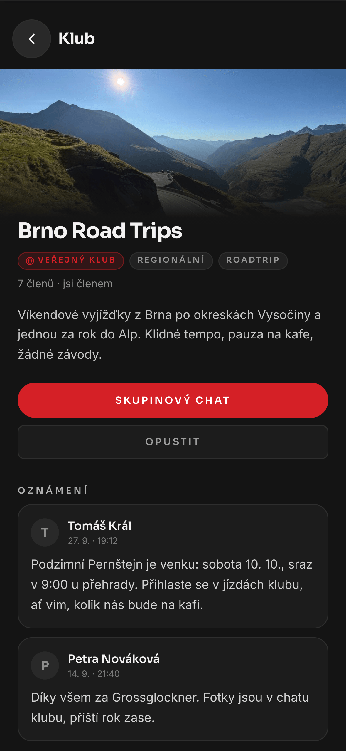 Profil klubu Brno Road Trips: popis, počet členů, chat klubu a oznámení správce