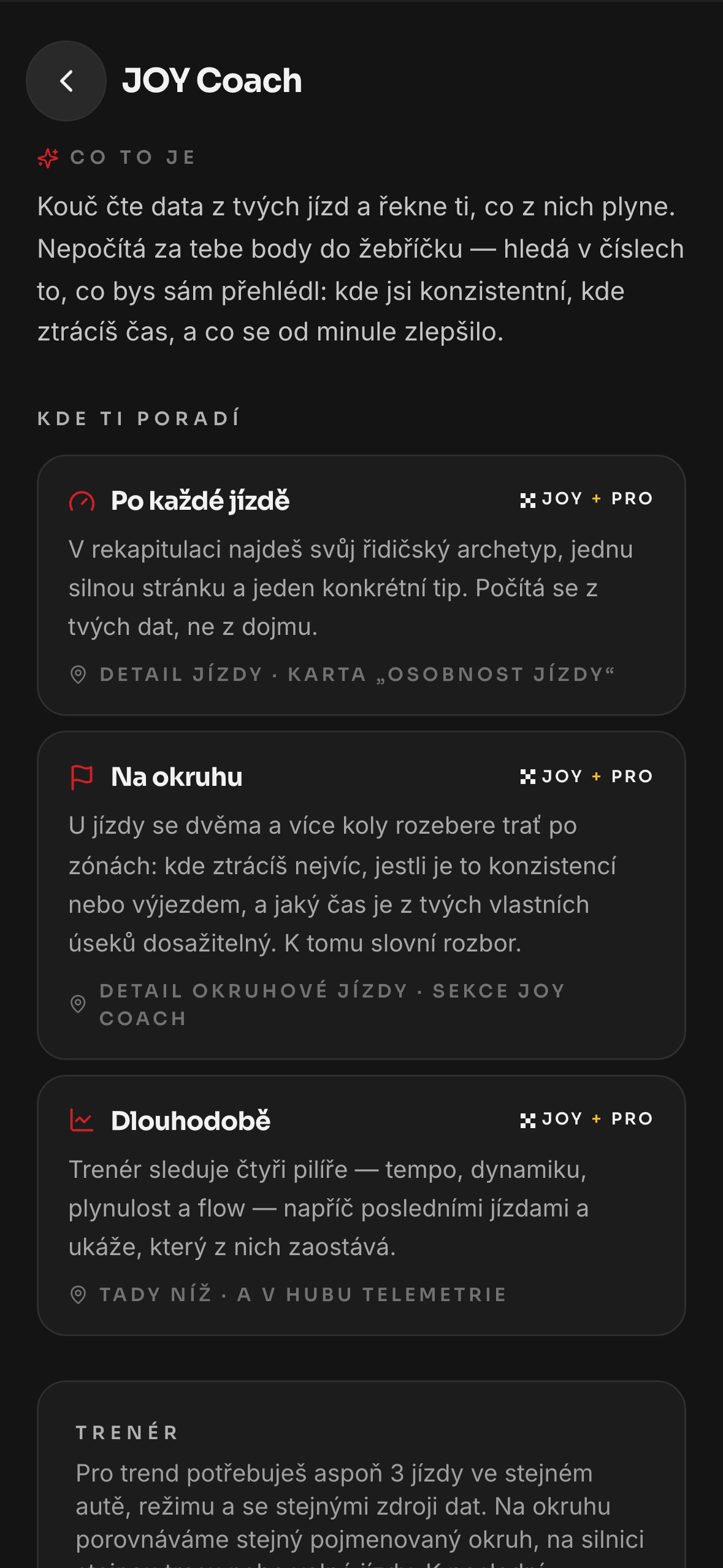 JOY Coach: kde ti kouč poradí — po každé jízdě, na okruhu a dlouhodobě