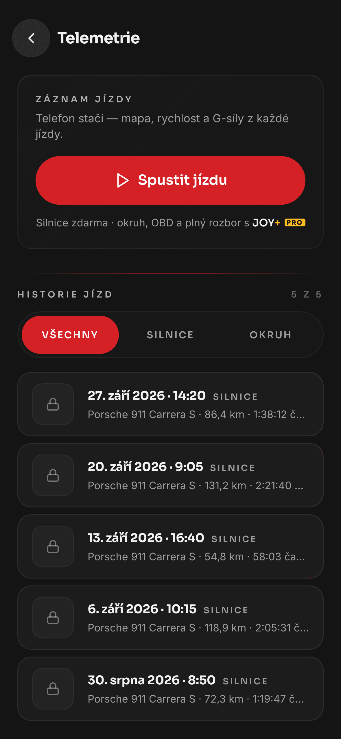 Historie jízd na tarifu zdarma: tlačítko Spustit jízdu a silniční jízdy s autem, délkou a časem, skóre zamčené pro JOY+ PRO