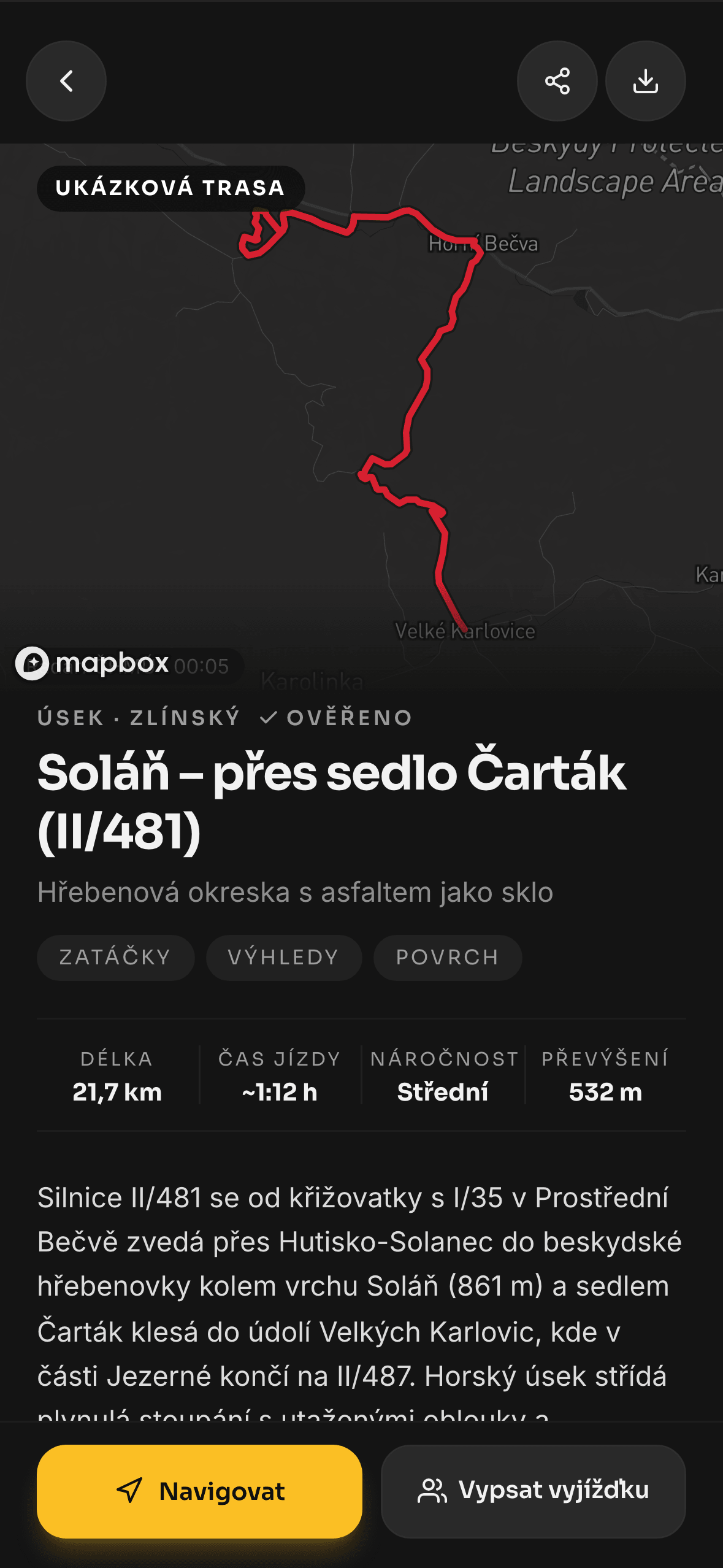 Detail ukázkové trasy Soláň – přes sedlo Čarták: mapa trasy, délka, čas jízdy, náročnost a převýšení